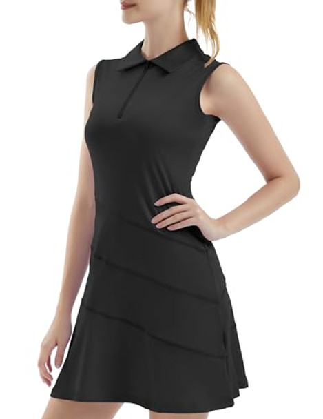 Fkeep Women's Tennis Golf Dresses Zipper V-Neck Sport Activewear, S, Black New