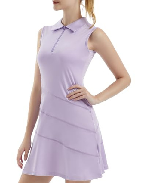 Women's Tennis Golf Dresses Zipper V-Neck Sport Activewear with Shorts New