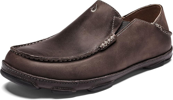OLUKAI MOLOA MEN'S LEATHER SLIP WAXED NUBUCK LEATHER - DK WOOD/DK JAVA - 9 OLUKAI MOLOA MEN'S LEATHER SLIP WAXED NUBUCK LEATHER - DK WOOD/DK JAVA - 9