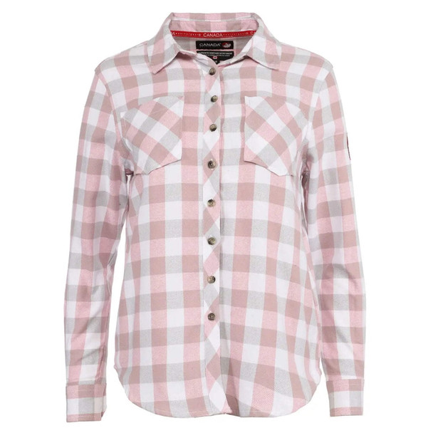 CANADA WEATHER GEAR WOMEN'S PLAID SHIRT, SIZE MEDIUM, BLUSH PINK/GRAY New