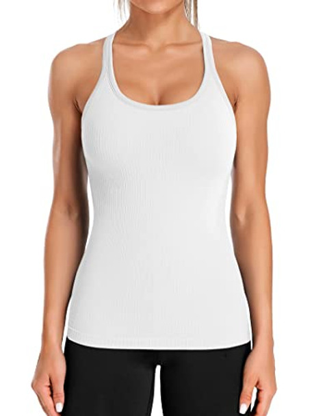 ATTRACO Ribbed Workout Tank Tops for Women Athletic Top, White, Size XL