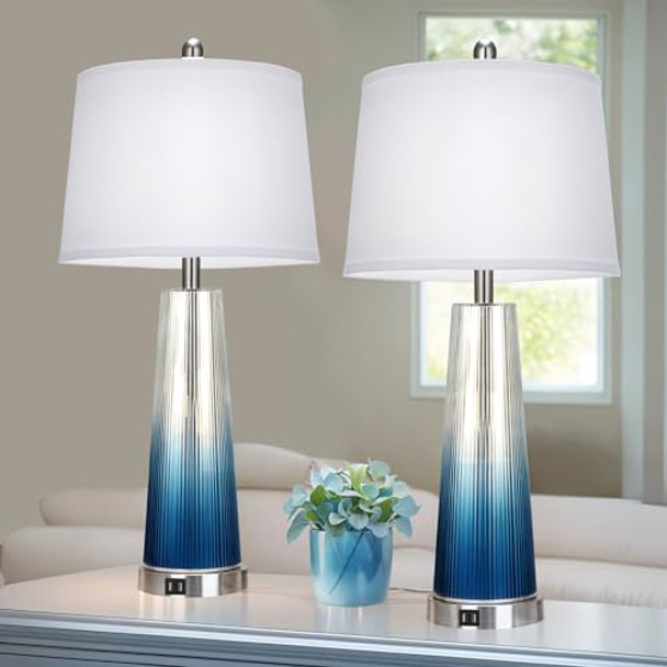 Blue Table Lamp Set 2, 28" Coastal Bedside Lamp with 2 USB Charging Ports
