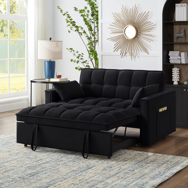 SLEERWAY BLACK VELVET SLEEPER SOFA COUCH, 4 IN 1 MODERN CONVERTIBLE - BLACK
