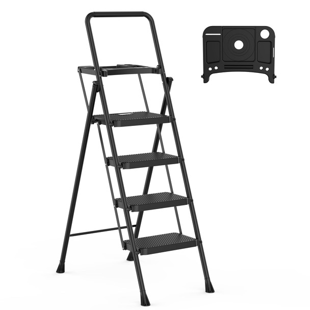 HBTOWER STEP LADDER FOLDING STEP STOOL WITH WIDE ANTI-SLIP PEDAL KQ0004 - BLACK