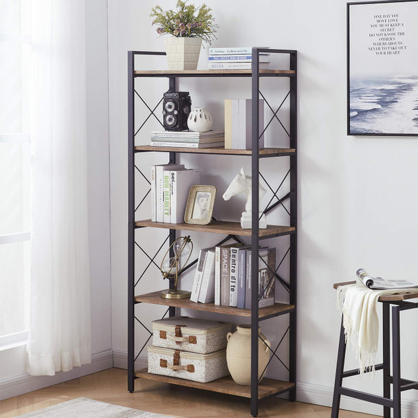 OIAHOMY Industrial Bookshelf，5-Tier Vintage Bookcase and Bookshelves Brown Oak