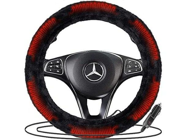 ZONE TECH WC0035 SHEEPSKIN HEATED STEERING WHEEL COVER WINTER COVER - BLACK