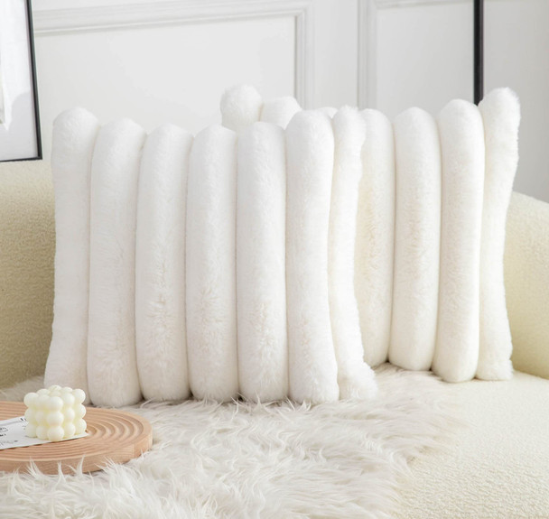 NEELVIN 18X18 CREAM WHITE FAUX FUR PILLOW COVERS, SET OF 2 - CREAM WHITE