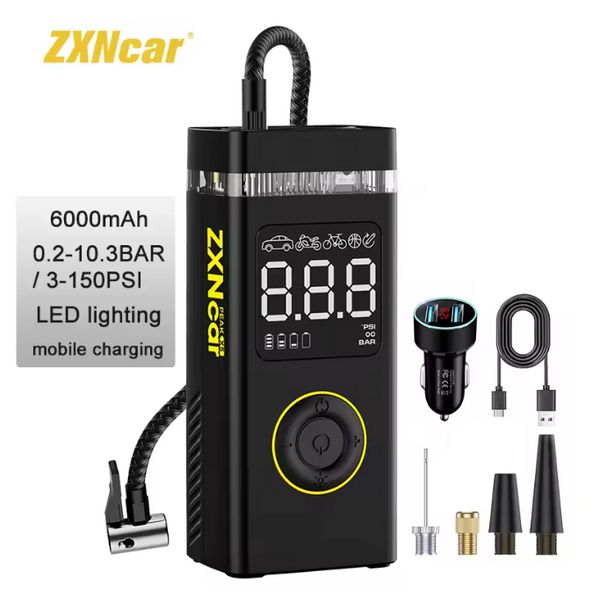 ZXNCAR RECHARGEABLE AIR PUMP TIRE INFLATOR PORTABLE COMPRESSOR DIGITAL - BLACK