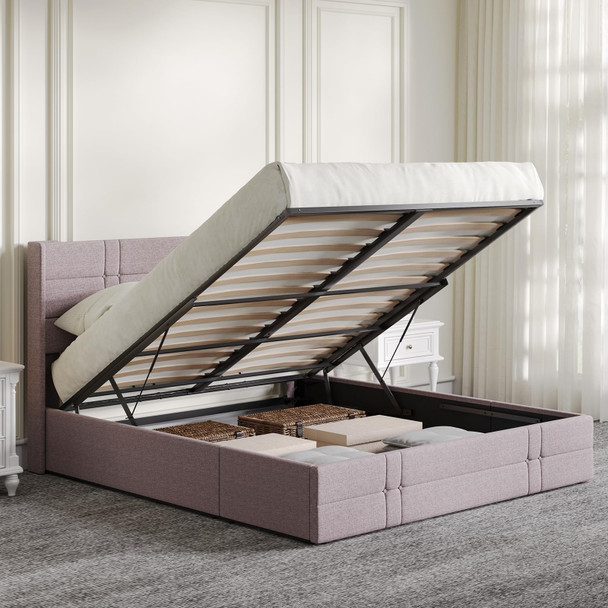 Novilla Queen Size Lift Up Storage Bed, with Fabric Headboard, N-F12006-Q-BR