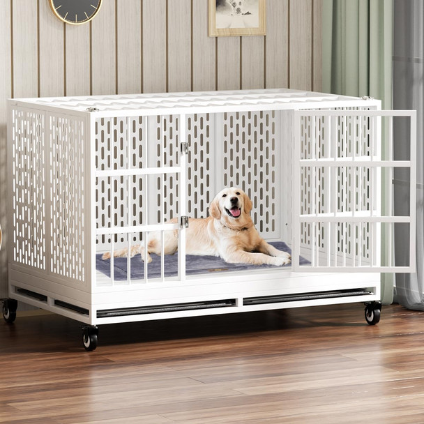 SNUOWU HEAVY DUTY DOG CRATE WITH WHEELS FOLDING METAL DOG CAGE - WHITE