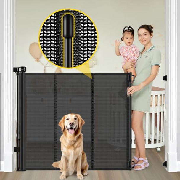 BINGGUZ REINFORCED 42” EXTRA TALL RETRACTABLE BABY GATES WITH RODS - BLACK