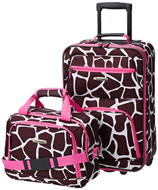 ROCKLAND 2 PIECE LUGGAGE SET CARRY-ON ROLLING SUITCASE TOTE BAG - PINK GIRAFFE New