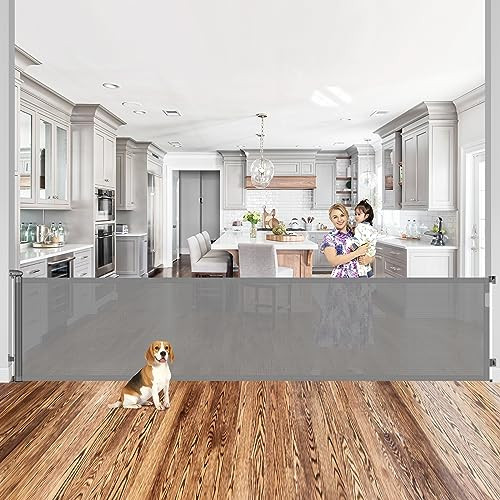 GRENFU-A-34612-115 115" Extra Wide Baby Gates Mesh Dog Gate - Gray