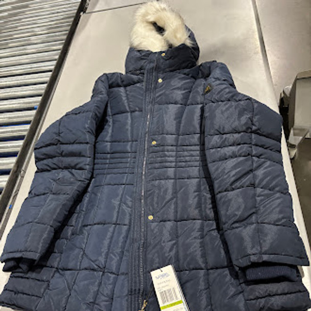 SPIRE PUFFER JACKET REMOVABLE WHITE FAUX FUR TRIM HOOD - SIZE: WOMEN XL - NAVY New