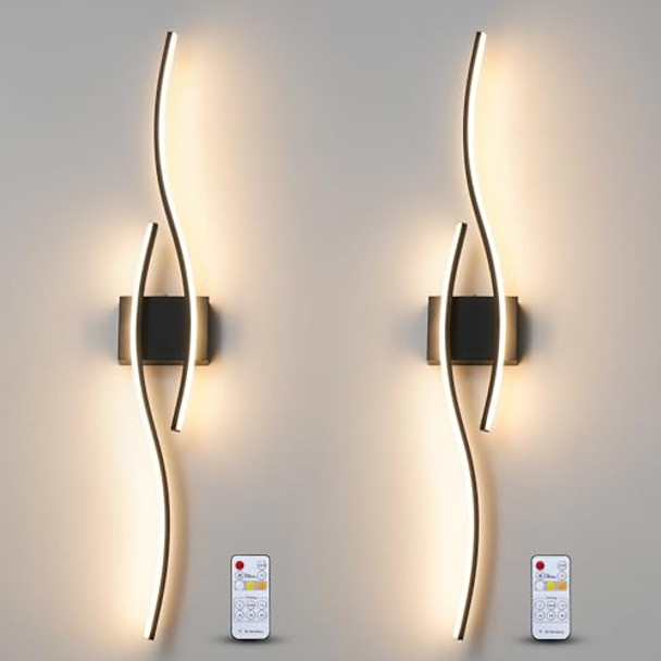 DAUNTON HARDWIRED MODERN WALL SCONCE SET TWO REMOTE CONTROL - BLACK