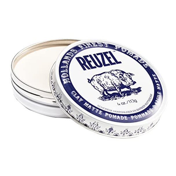 REUZEL CLAY MATTE POMADE MEDIUM HOLD WATER SOLUBLE (4 OZ) - WHITE/BLUE New