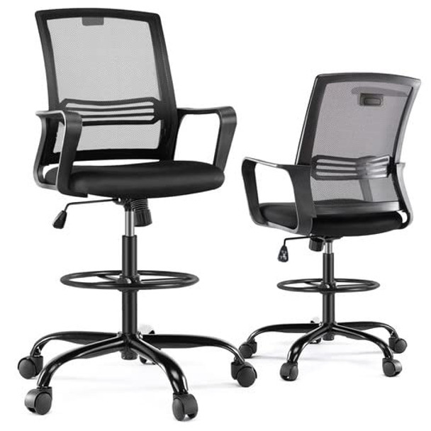OLIXIS TALL DRAFTING CHAIR, FOOT RING ARMRESTS, BREATHABLE MESH - DARK BLACK