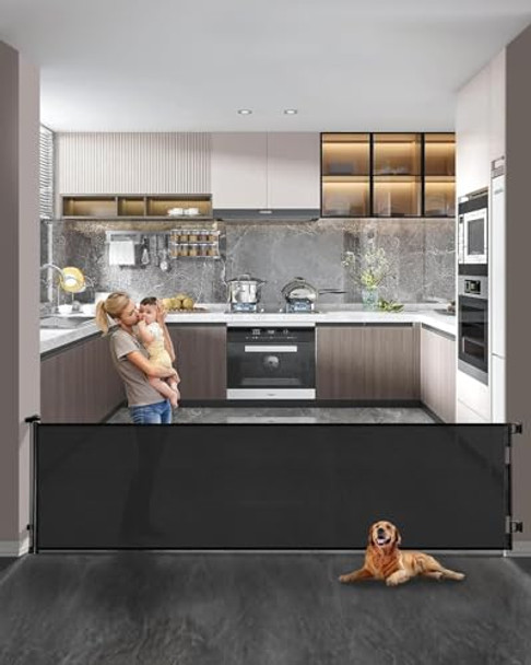 KISKIZ 165 INCH RETRACTABLE GATE,MESH BABY,EXTRA LONG DOG GATE - BLACK