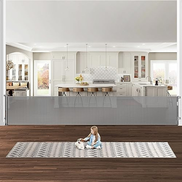 BINGGUZ 175 INCH EXTRA WIDE RETRACTABLE DOG GATES 33" TALL RETRACTABLE - GRAY
