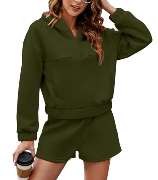 FKEEP WOMENS 2 PIECE SWEATSUIT OUTFITS HOODIE SWEAT SHORTS POCKET ZARMY GREEN S New