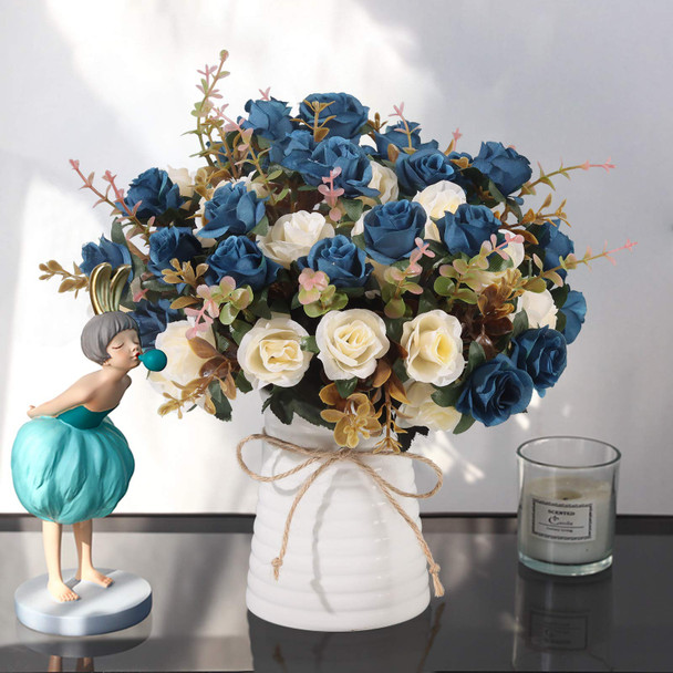 MOOMASS LIFELIKE ARTIFICIAL ROSE BOUQUETS AND CERAMIC VASES - NAVY BLUE