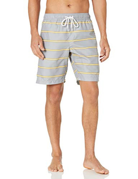 AMAZON ESSENTIALS MEN'S 9" QUICK-DRY SWIM TRUNK - SIZE: MEN'S S - GREY STRIPE New
