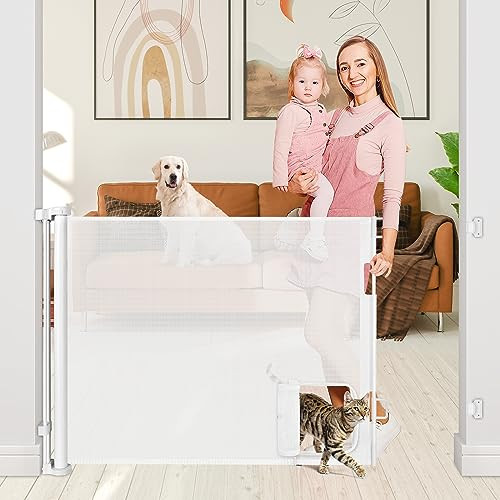 WOMHOM RETRACTABLE BABY GATE WITH PET DOOR 55" WIDE RETRACTABLE - WHITE