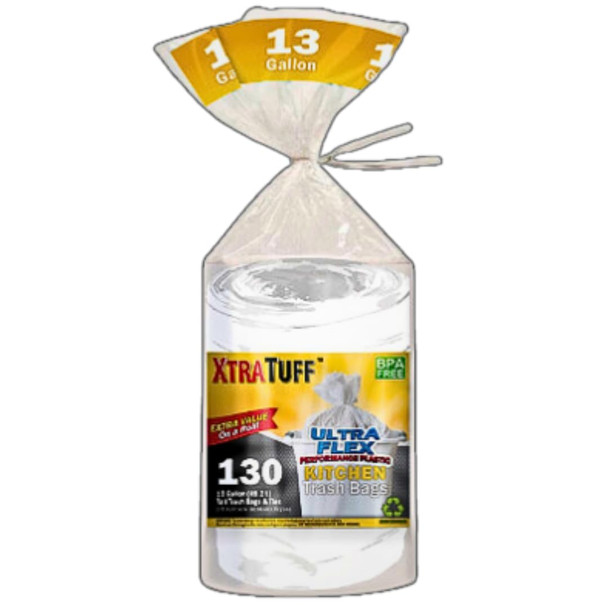XTRA TUFF 13 GALLON TRASH BAGS, TALL KITCHEN GARBAGE BAGS, 130 COUNT - WHITE New