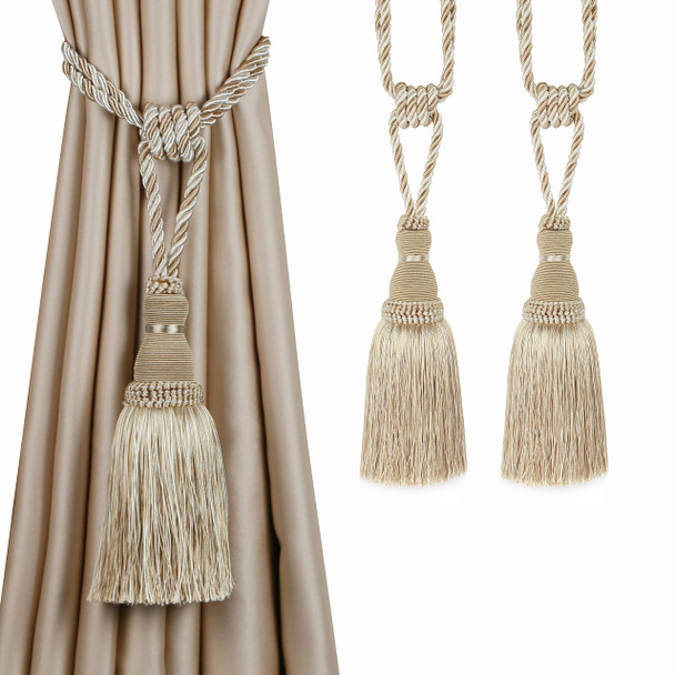 BEL AVENIR 2 Pack Curtain Tiebacks Tassel Drapery Tie-Backs Rope A1221- MIXBEIGE