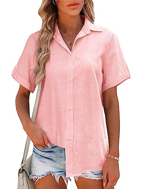 HOTOUCH BUTTON DOWN SHIRT WOMEN COTTON MAKAHLA BLOUSES V NECK MISTY ROSE XL New