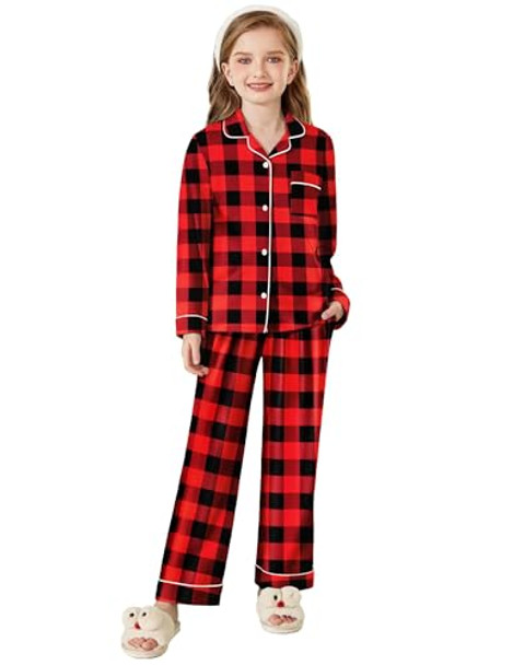 Arshiner Pajamas Set for Girls Plaid Long Sleeve Lounge Set Button Down Pj Sets New