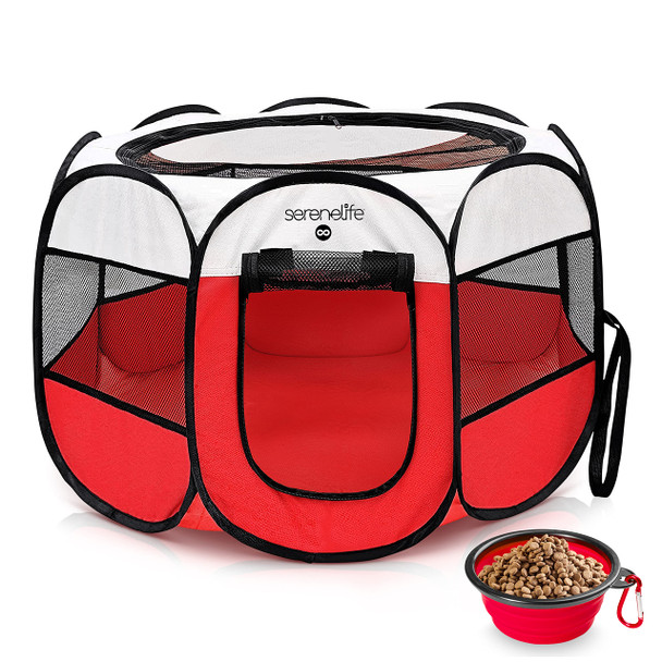 SERENELIFE MEDIUM FOLDABLE PET PLAYPEN FOR DOGS & CATS - PORTABLE 8-PANEL - RED
