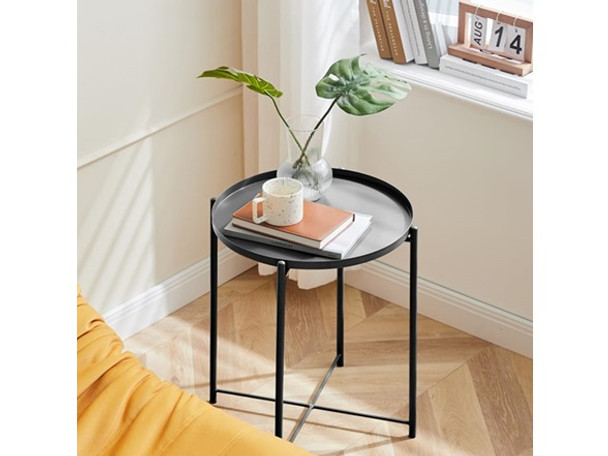 FANCIAL ROUND SIDE TABLE METAL SMALL BEDSIDE NIGHTSTAND - BLACK