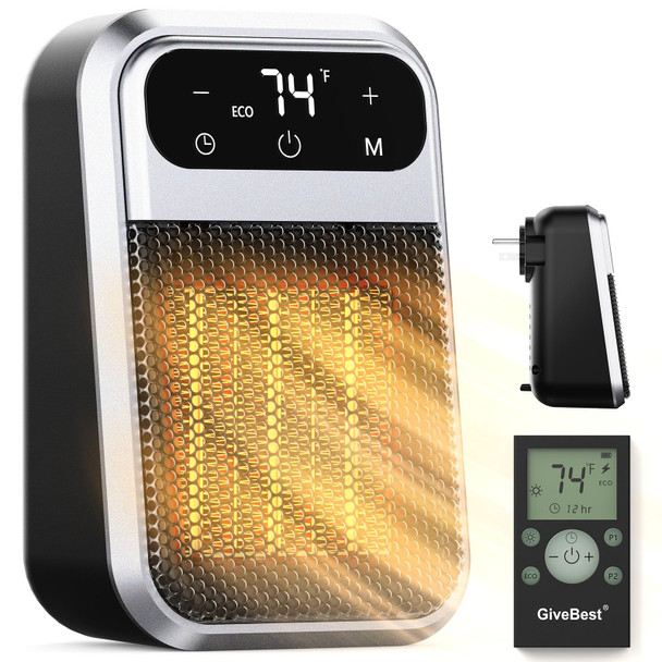 GIVEBEST 800W WALL OUTLET SPACE HEATER WITH REMOTE - SILVER/BLACK