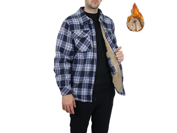 EURO JOY MEN'S FLANNEL SHERPA-LINED SHIRT JACKET - SIZE: MEN XL - NAVY/WHITE