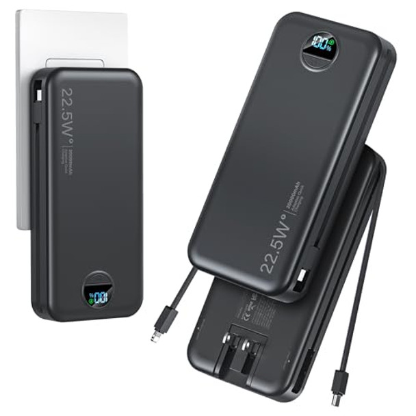 AONIDI 20,000mAh Ultra Portable Charger Power Bank Built In Cables - Black