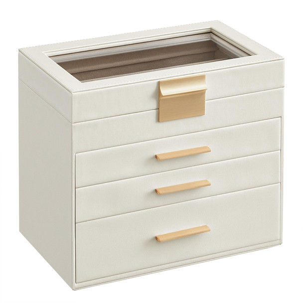 SONGMICS JEWELRY BOX WITH GLASS LID, 4-LAYER JEWELRY ORGANIZER, 3 DRAWERS , GOLD