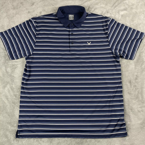 CALLAWAY SHIRT MEN'S NAVY BLUE WHITE STRIPED SHORT SLEEVE GOLF POLO - L - NAVY New