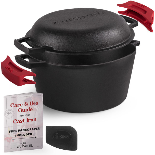 CUISINEL CAST IRON DUTCH OVEN 5-QUART DEEP POT PRESEASONED 2-in-1 - BLACK