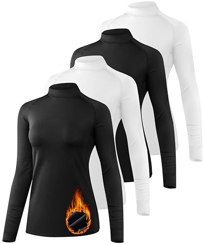 TELALEO 4 PACK WOMEN THERMAL LONG SLEEVE TOPS MOCK NECK SHIRTS FLEECE BLACK/WHT