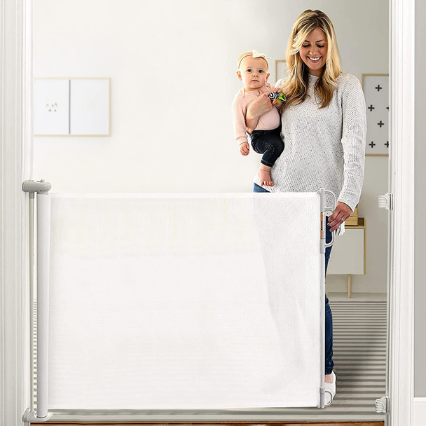MOMCOZY RETRACTABLE BABY GATE EXTRA WIDE MESH GATES 33" TALL X 71" WIDE - WHITE MOMCOZY RETRACTABLE BABY GATE EXTRA WIDE MESH GATES 33" TALL X 71" WIDE - WHITE