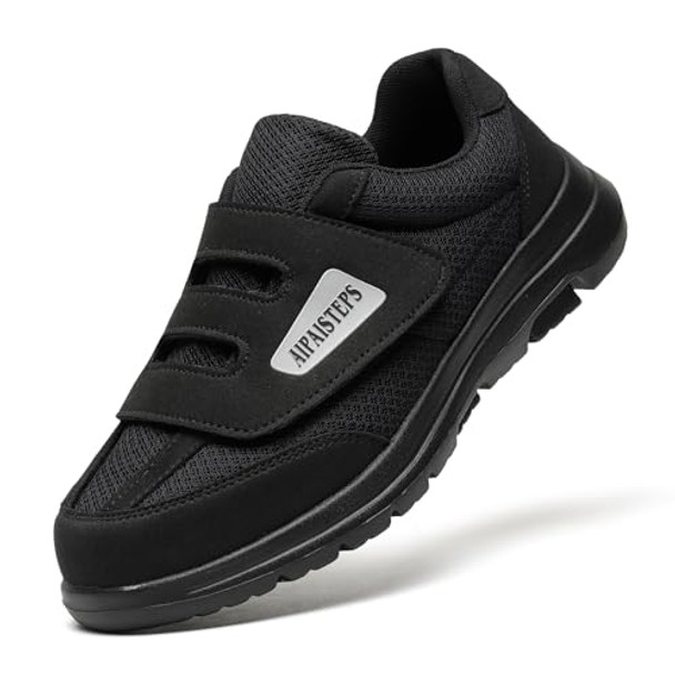 AIPAISTEPS MENS DIABETIC SHOES HOOK&LOOP STRAP WALKING SHOES - SIZE 11XW - BLACK