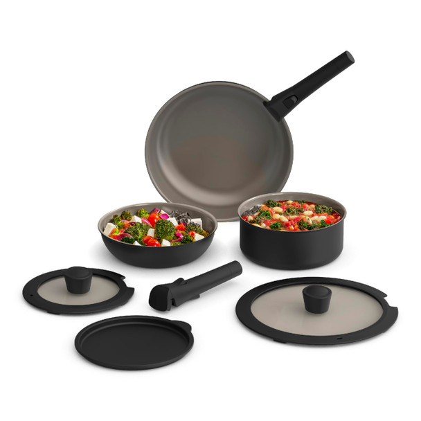 BELLA 8 PIECE REMOVABLE HANDLE COOKWARE SETFIT ANYWHERE KITCHENWARE GLASS BLACK