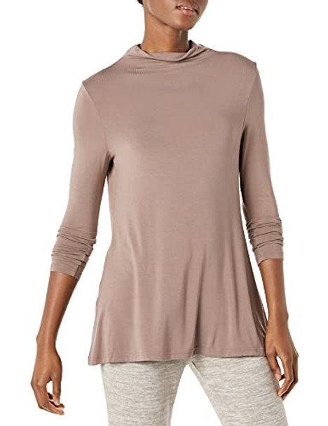 AMAZON ESSENTIALS WOMEN'S JERSEY LONG-SLEEVE MOCK NECK SWING TUNIC - DARK TAUPE New