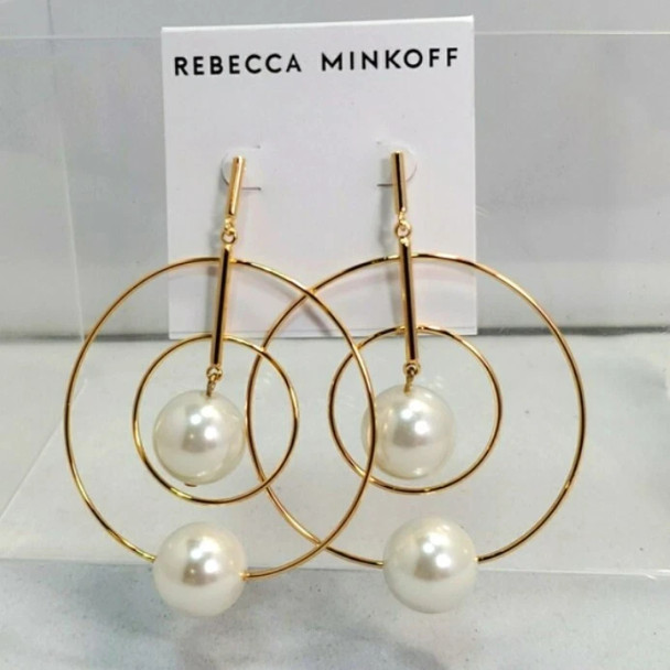 REBECCA MINKOFF DROP FRONT FACING HOOP EARRINGS ONE SIZE - GOLD AND PEARL New