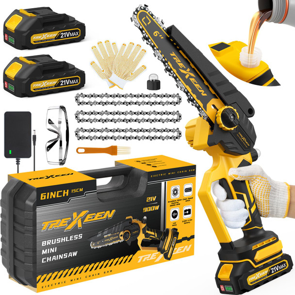 TREXEEN MINI CHAINSAW 6-INCH ELECTRIC CHAINSAW UPGRADED 900W BRUSHLESS - YELLOW