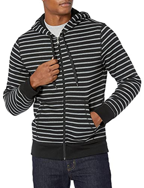 AMAZON ESSENTIALS MEN'S FULL-ZIP FLEECE HOODIE SIZE: MEN 2XL BLACK GRAY STRIPE