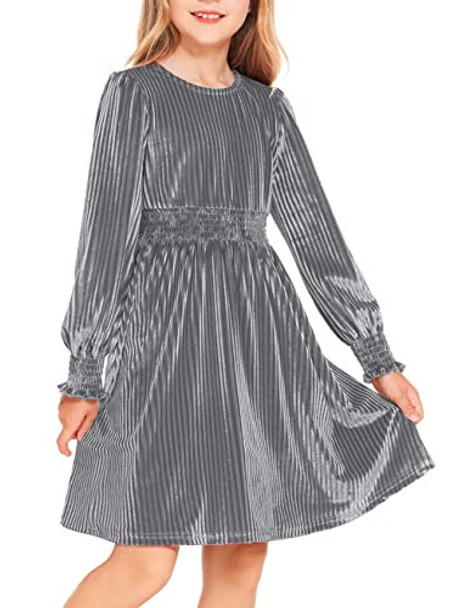 Arshiner Girls Long Sleeve Dress Velvet Crew Neck Midi Fall Vintage Dress