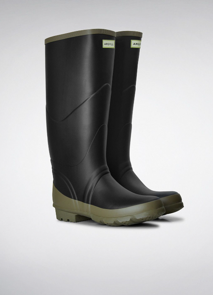 HUNTER ARGYLL BULLSEYE FULL KNEE WELLINGTON BOOTS - SIZE: MEN 9 WOMEN 10 - BLACK