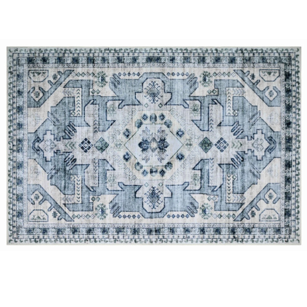 BIBB HOME WASHABLE FLANNEL PRINTED AREA RUG LATEX BACK 5X7FT - VINTAGE AZURE
